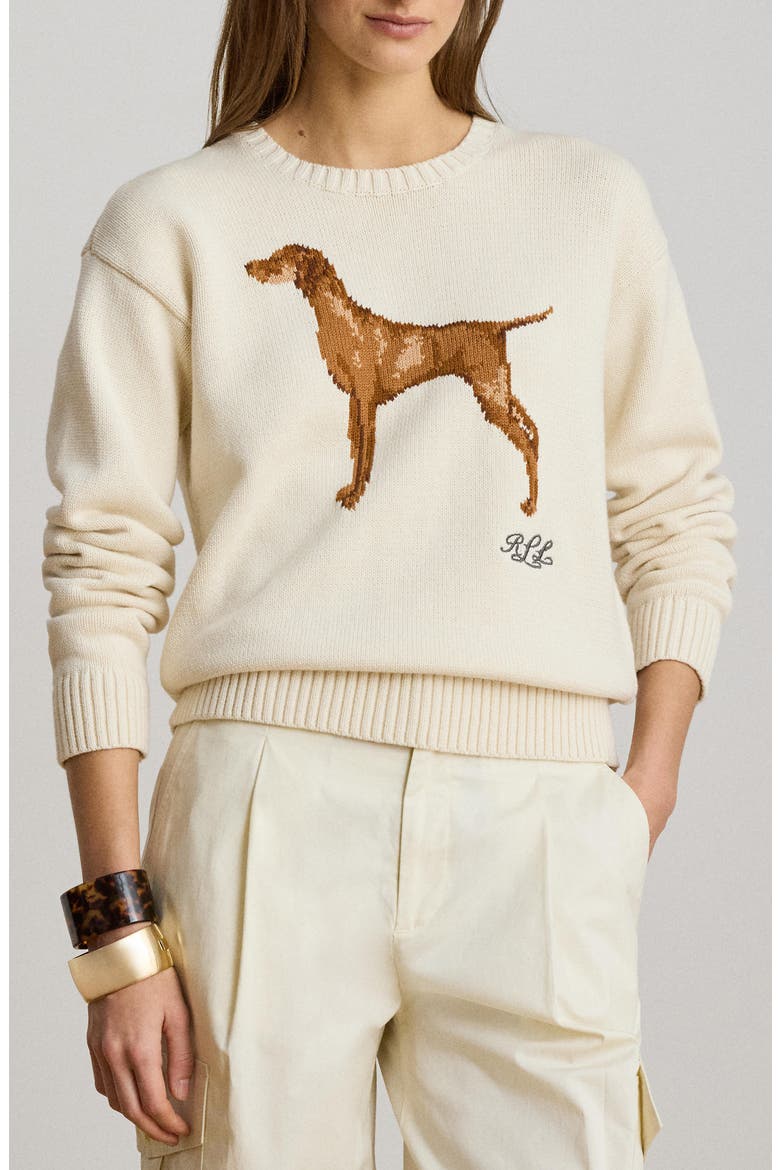 Intarsia Vizsla Knit Cotton Sweater, Alternate, color, MASCARPONE CREAM/ MULTI