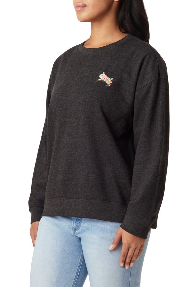 NORA Cozy Holiday Animal Embroidered Fleece Sweatshirt, Alternate, color, BLACK SAND TANGLED KITTY