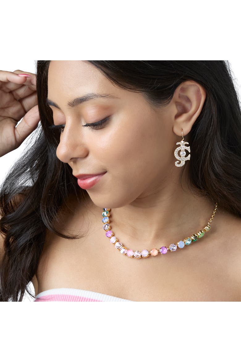 Rhinestone Logo Drop Earrings for Women, Gold-Tone, Alternate, color, Gold-Tone