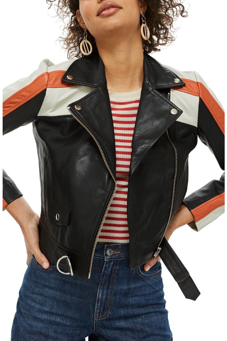 Ezra Motorcross Leather Biker Jacket, Main, color, BLACK MULTI
