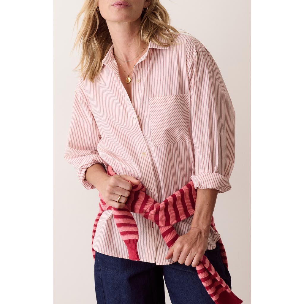 Marine Layer Jane Relaxed Pinstripe Pima Cotton Shirt In Crimson Pinstripe