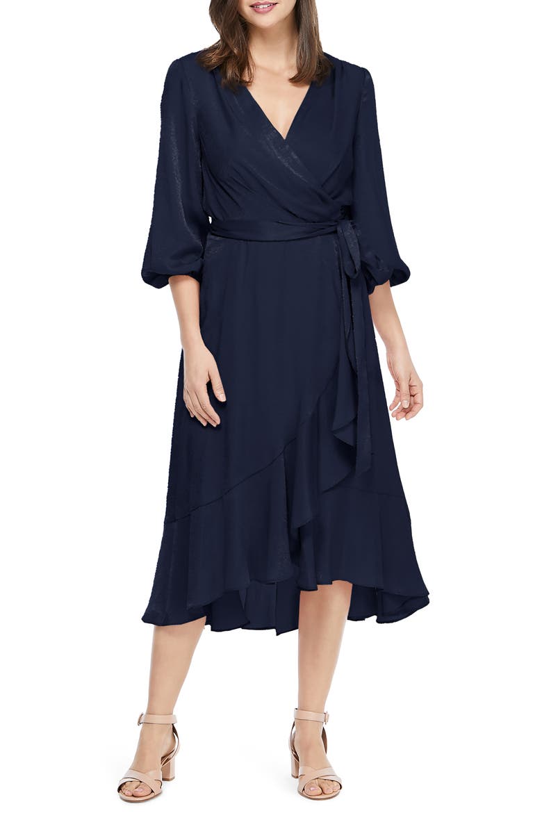 Jennifer Shimmer Satin Wrap Dress, Main, color, NAVY