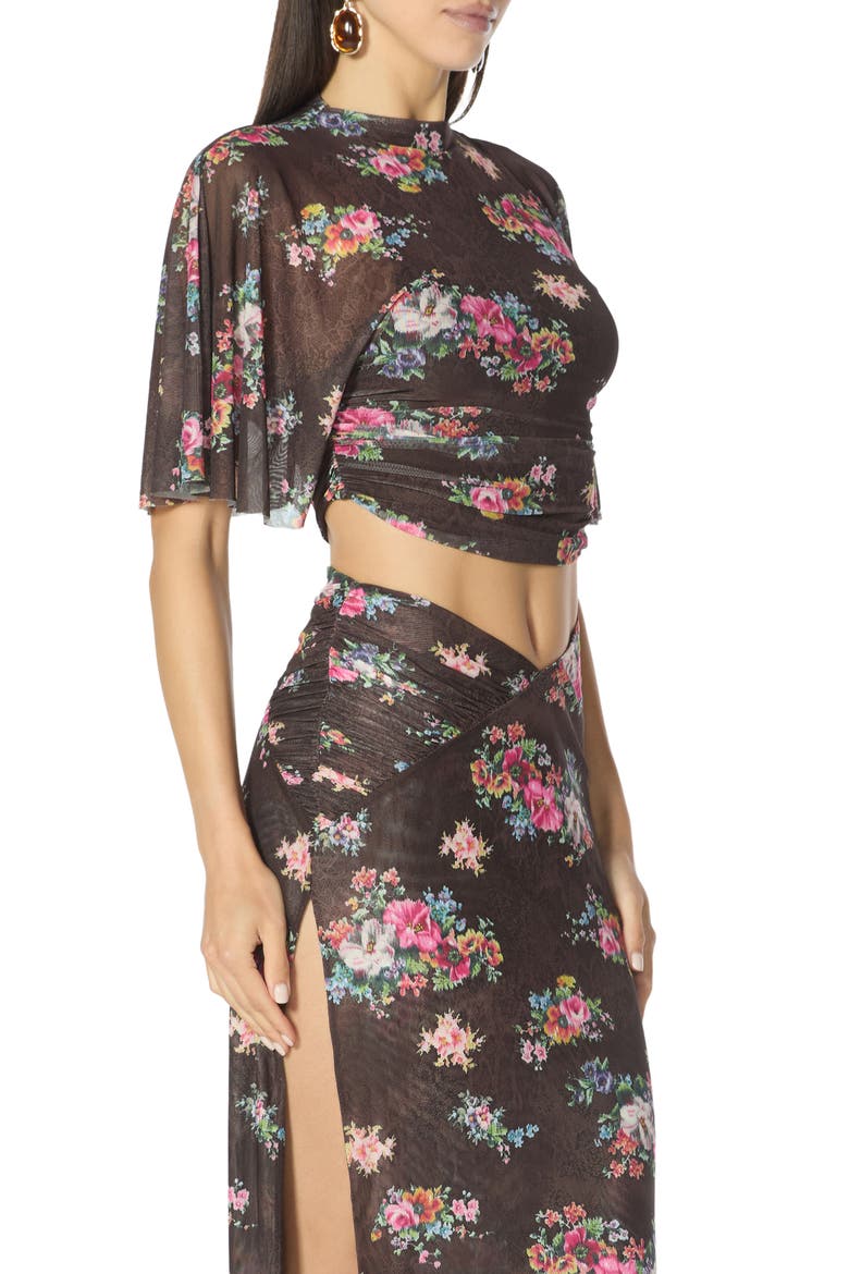 Kailie Ruched Flutter Sleeve Mesh Crop Top, Alternate, color, JAVA SNAKE FLORAL