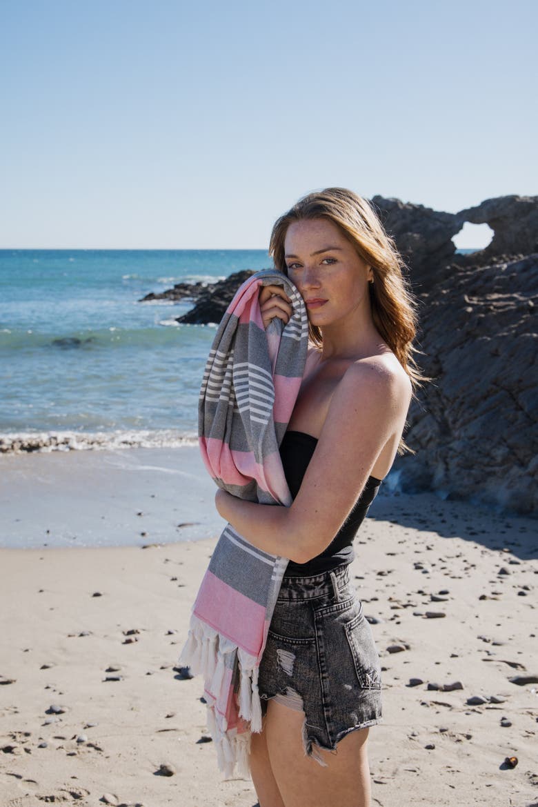 Breeze Striped Organic Turkish Towel with Soft Terry Cloth Back, Alternate, color, Black and Pink