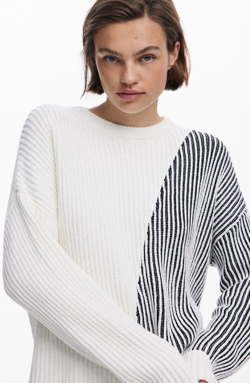 Desigual Stripe Crewneck Cotton Blend Sweater In White