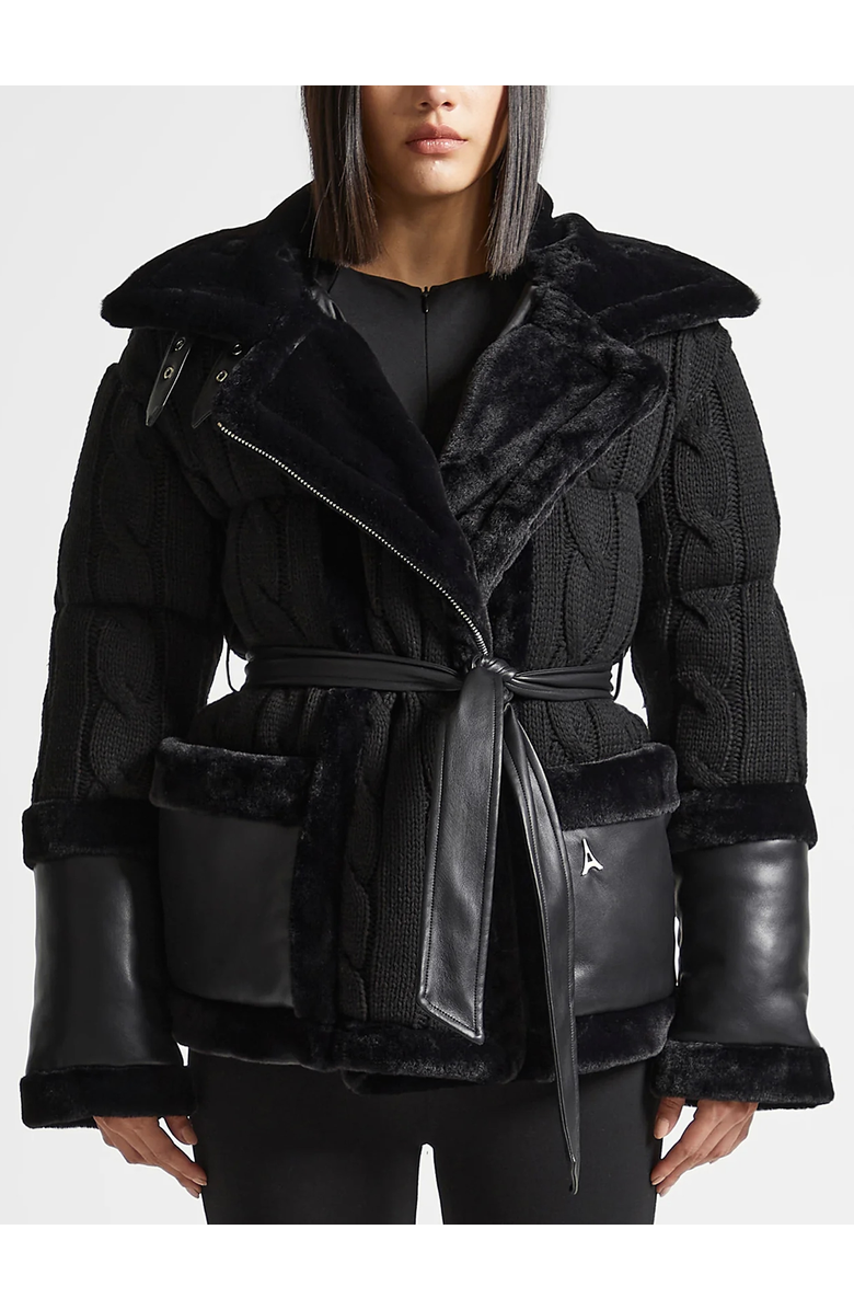 Manière De Voir Tara Knit and Plush Puffer Biker Jacket, Main, color, Black