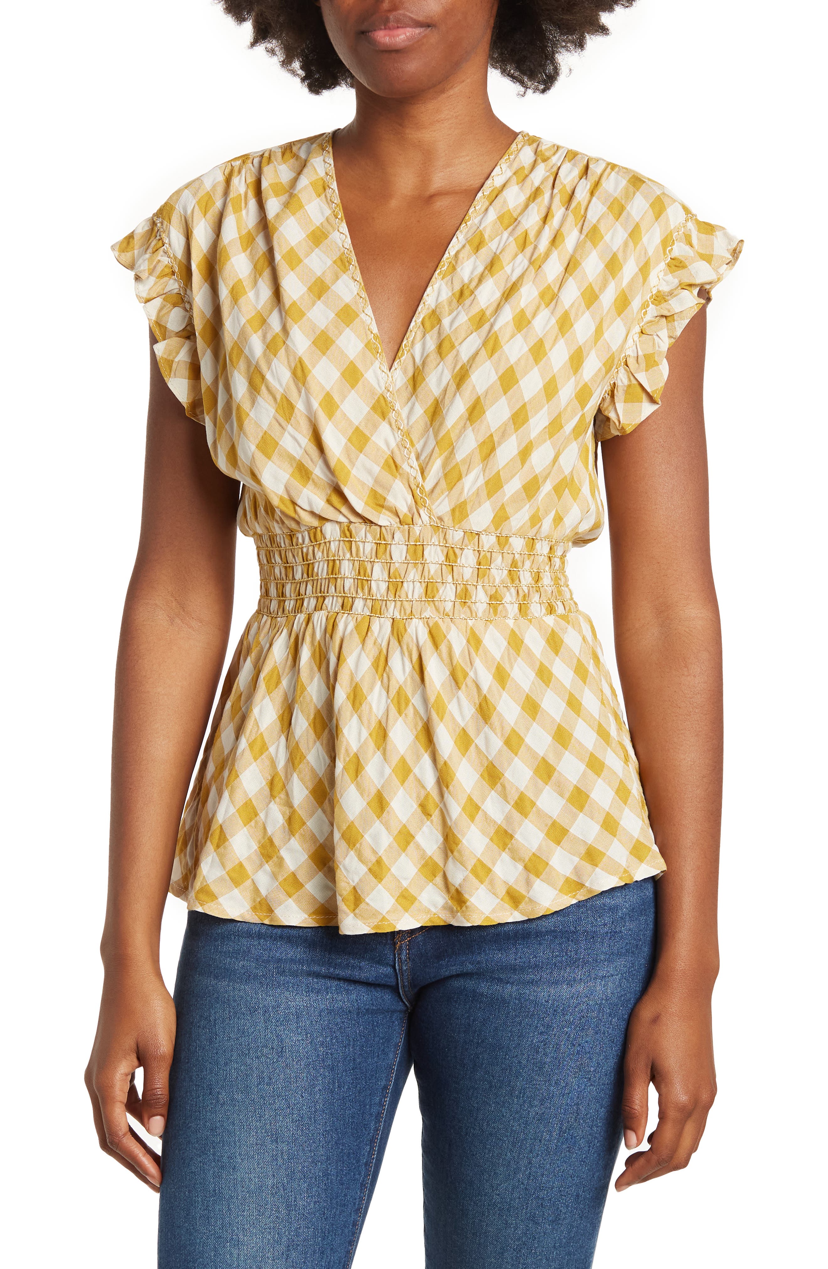 MAX STUDIO Gingham Smocked Waist Flutter Blouse
