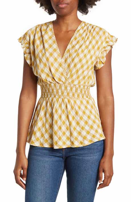 MAX STUDIO Gingham Smocked Waist Flutter Blouse