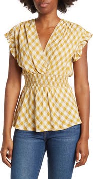MAX STUDIO Gingham Smocked Waist Flutter Blouse