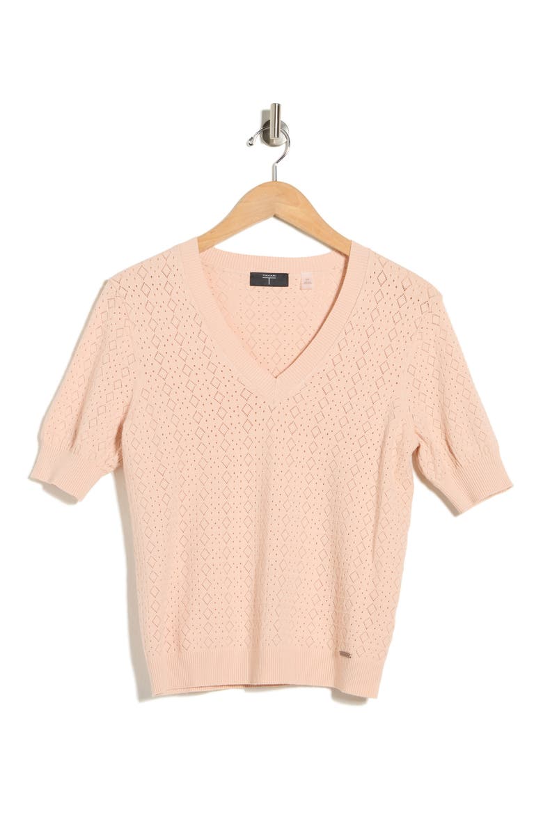 V-Neck Mitered Pointelle Sweater, Alternate, color, BLUSH BEIGE