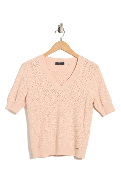 V-Neck Mitered Pointelle Sweater