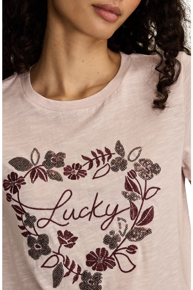 Floral Embroidery Lucky Heart Classic Crewneck Cotton Graphi T-Shirt, Alternate, color, MAUVE CHALK