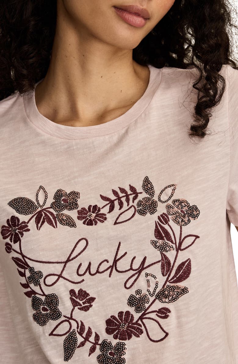 Lucky Brand Floral Embroidery Lucky Heart Classic Crewneck Cotton Graphi T-Shirt, Alternate, color, Mauve Chalk