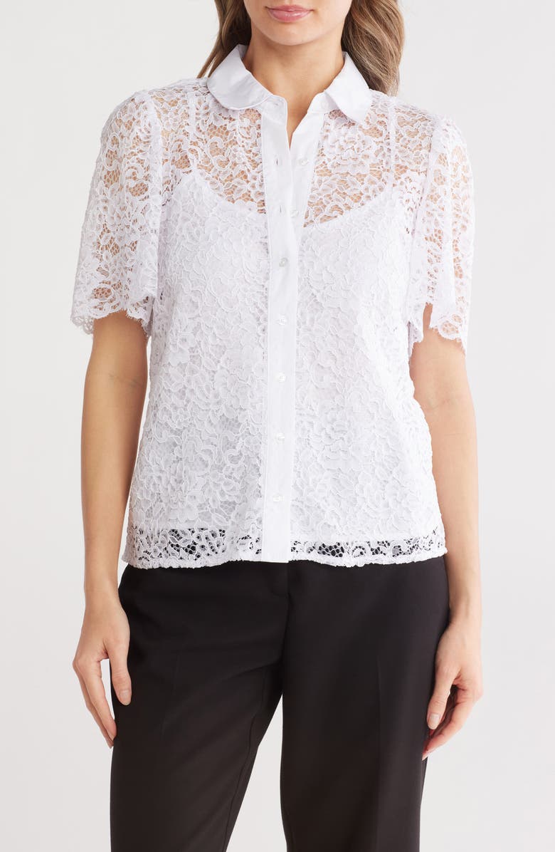 Nanette Lepore Lace Short Sleeve Button-Up Shirt, Main, color, Brilliant White