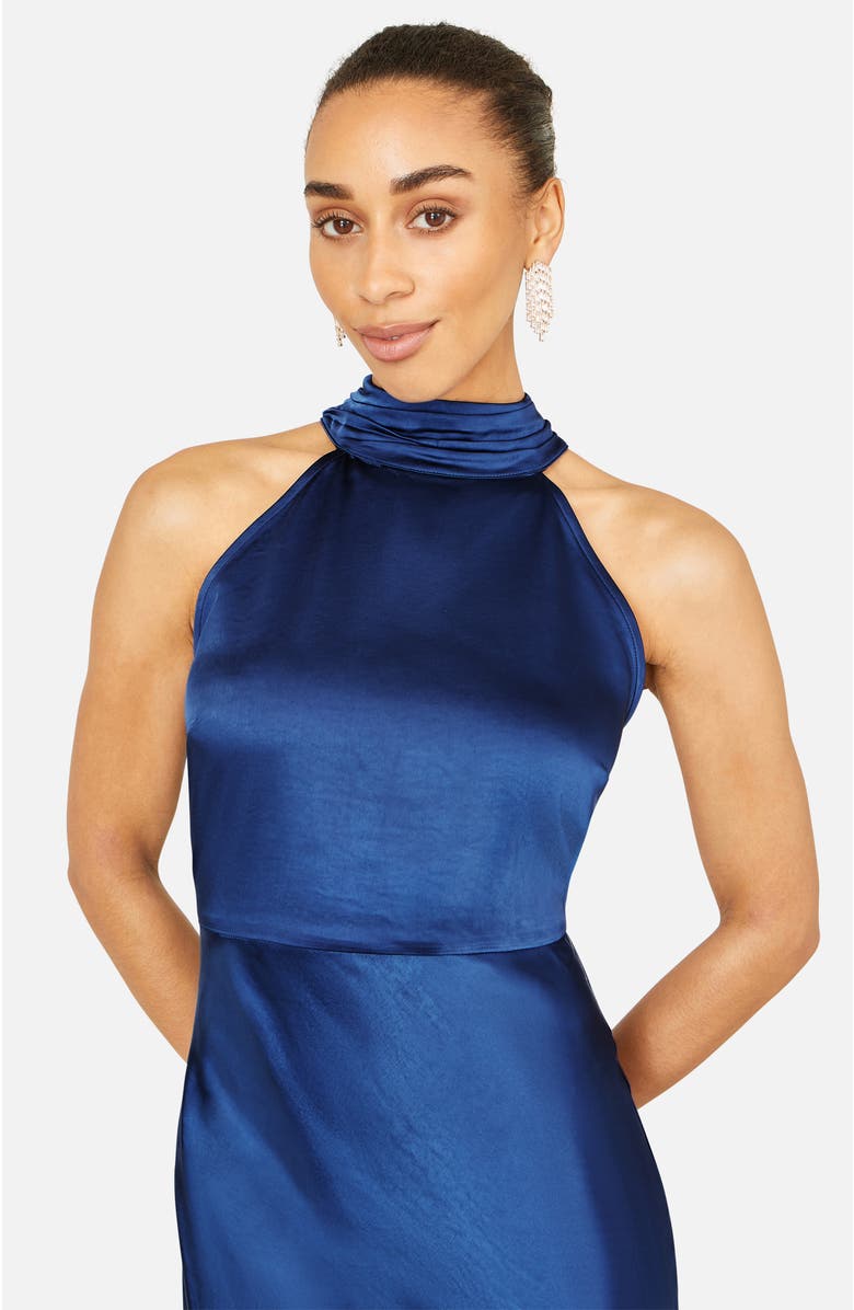Yumi Satin Halter Neck Midi Dress, Alternate, color, Navy
