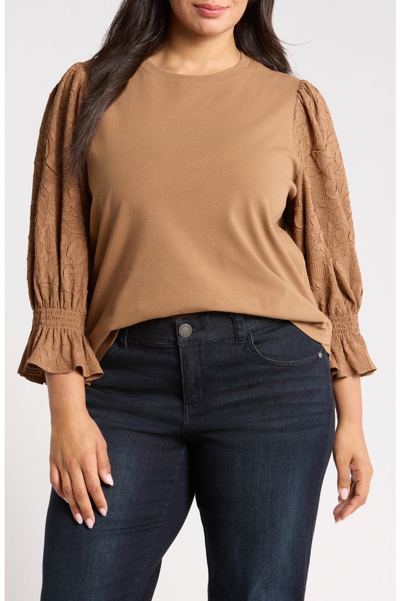 Mixed Media Smocked Sleeve Top(Plus), Main, color, BUTTER TOFFEE