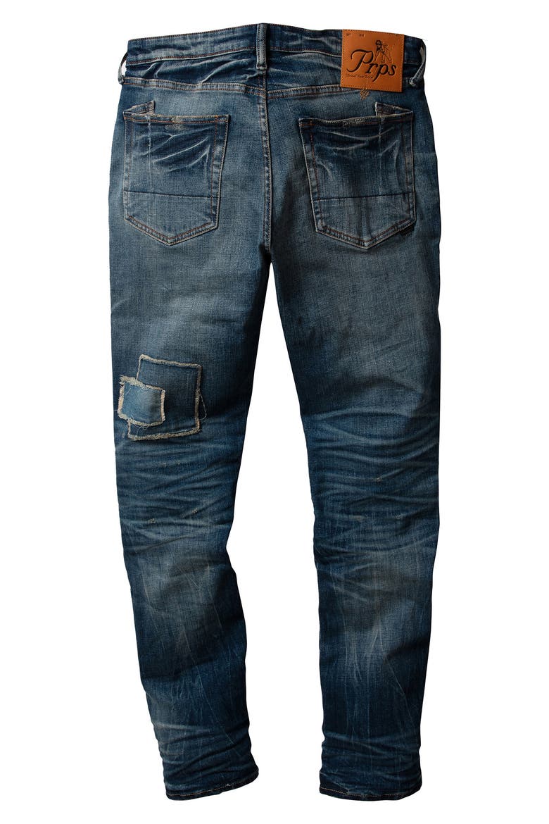 Sacred Patchwork Distressed Stretch Tapered Skinny Jeans, Alternate, color, INDIGO