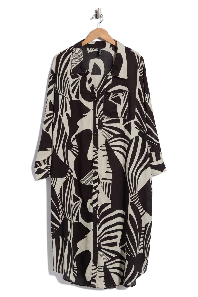 Tropical Long Sleeve Shirtdress, Alternate, color, BLK/WHITE