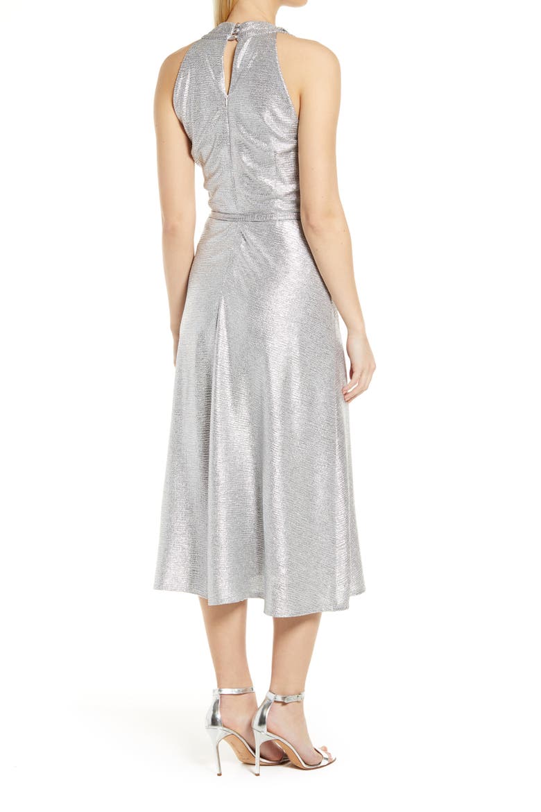 Donna Ricco Halter Neck Metallic Faux Wrap Dress, Alternate, color, SILVER