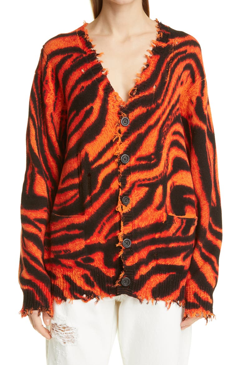 Zebra Print Distressed Oversize Cotton Cardigan, Main, color, ORANGE ZEBRA