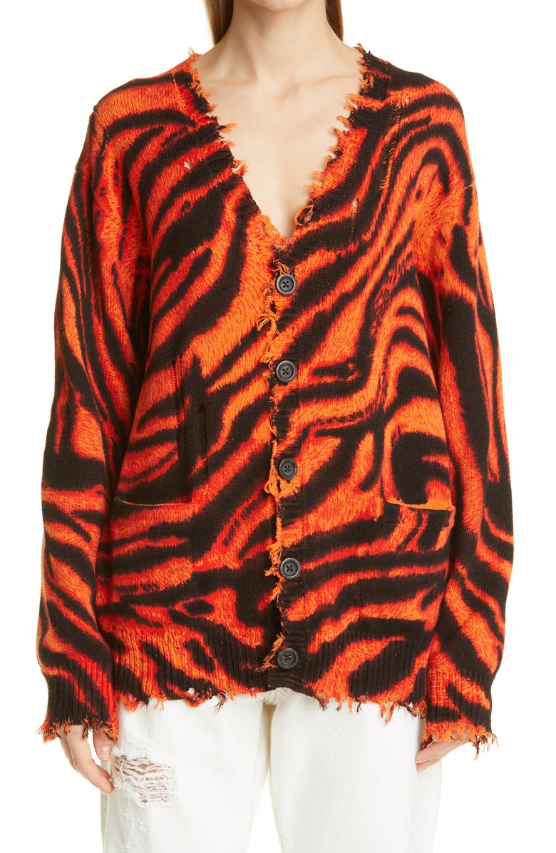 R13 Zebra Print Distressed Oversize Cotton Cardigan, Main, color,