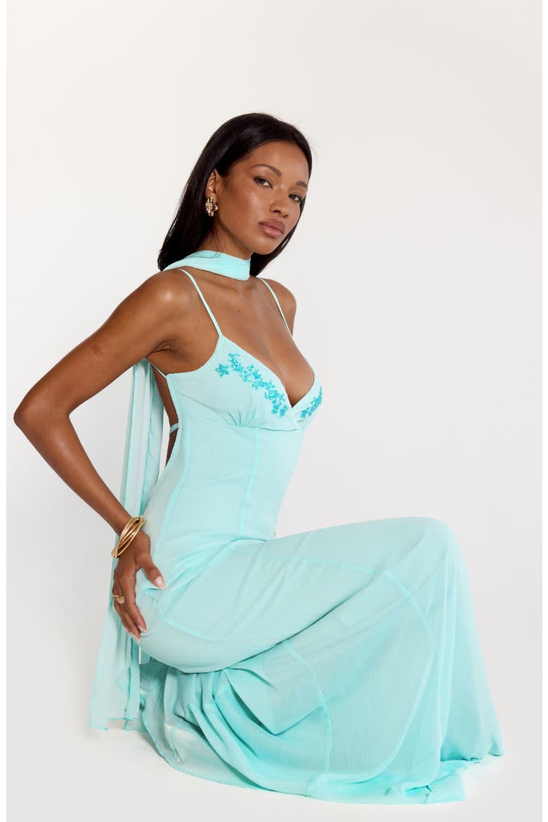Jadira Chiffon Gown & Scarf Set, Alternate, color, AQUA