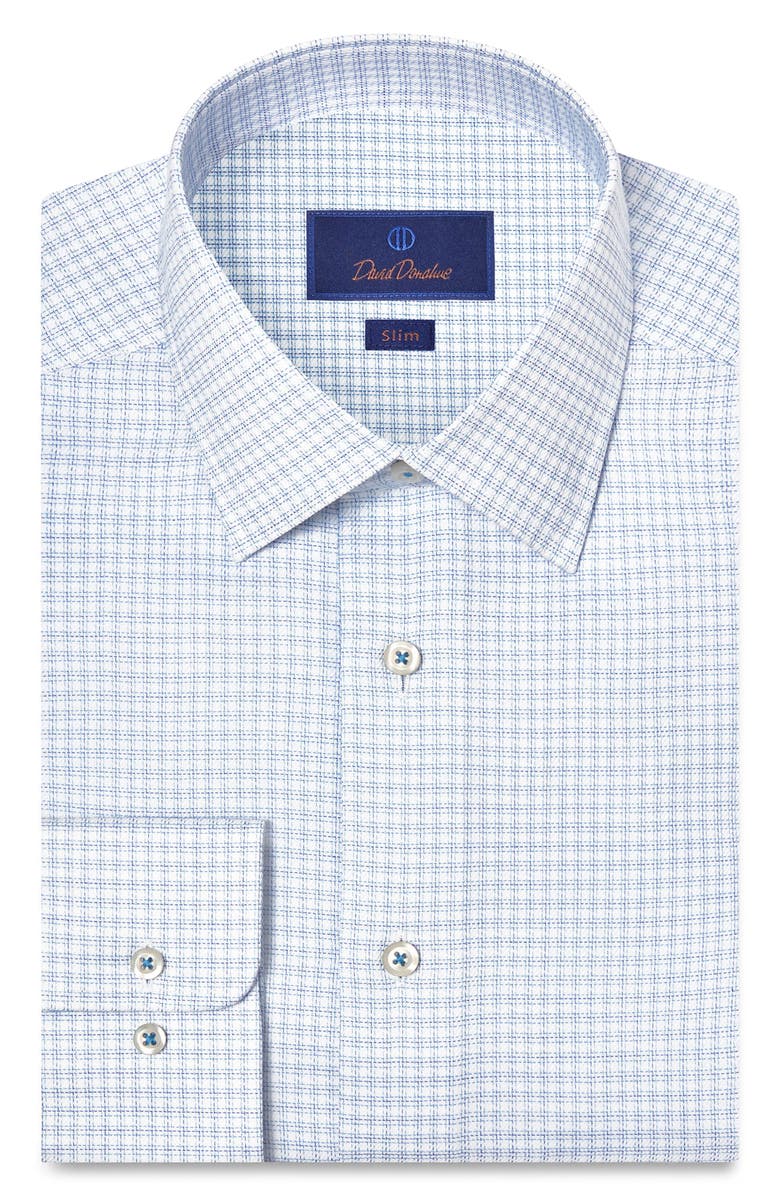 David Donahue Slim Fit Microcheck Stretch Cotton Twill Dress Shirt, Main, color, White/ Blue