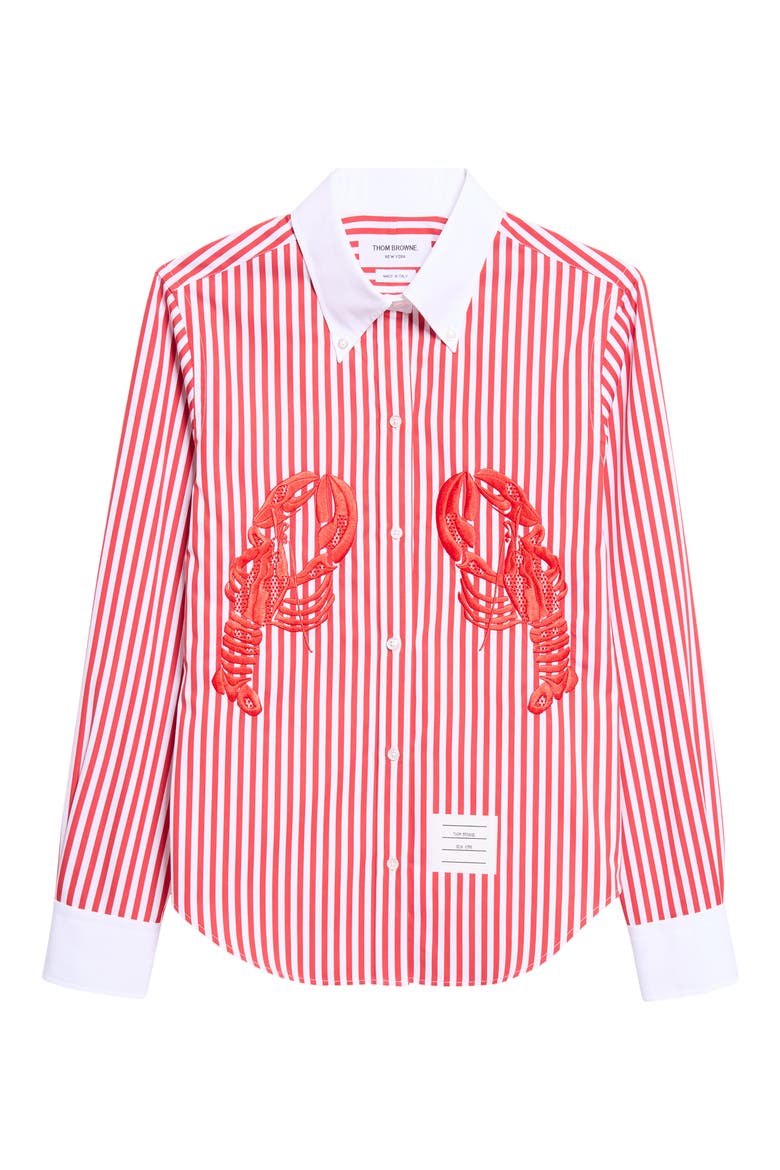 Lobster Embroidered Stripe Cotton Poplin Button-Down Shirt, Alternate, color, RED