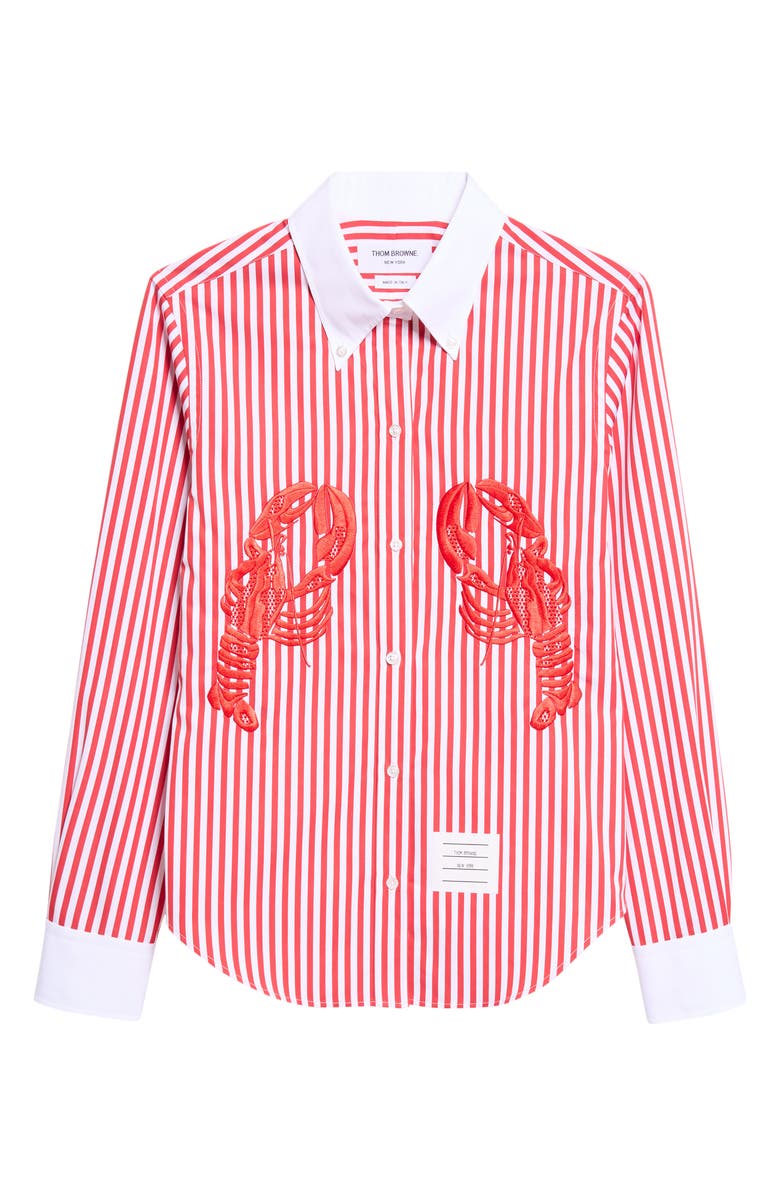 Thom Browne Lobster Embroidered Stripe Cotton Poplin Button-Down Shirt, Alternate, color, Red