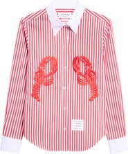 Thom Browne Lobster Embroidered Stripe Cotton Poplin Button-Down Shirt