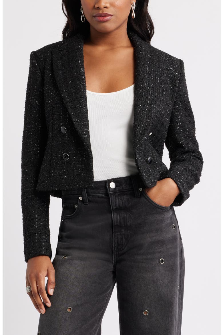 Crop Double Breasted Tweed Blazer, Main, color, BLACK