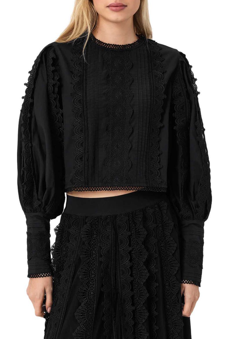 Hart Lace Embroidered Bishop Sleeve Top, Main, color, BLACK