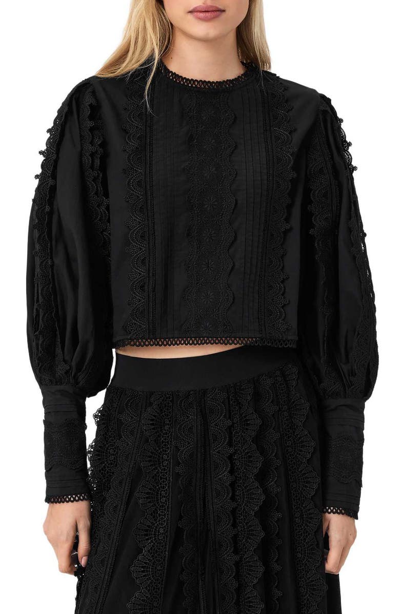 AllSaints Hart Lace Embroidered Bishop Sleeve Top, Main, color, Black