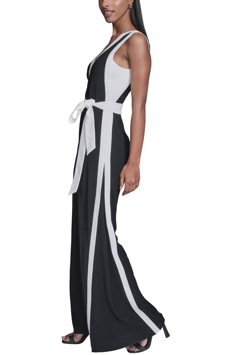 KARL LAGERFELD Aerowash Sleeveless Tie Waist Wide Leg Jumpsuit, Alternate, color, Black Soft White