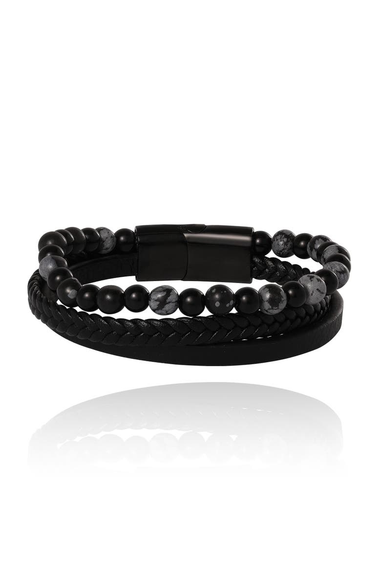 Braided & Beaded Bracelet Set, Main, color, Black