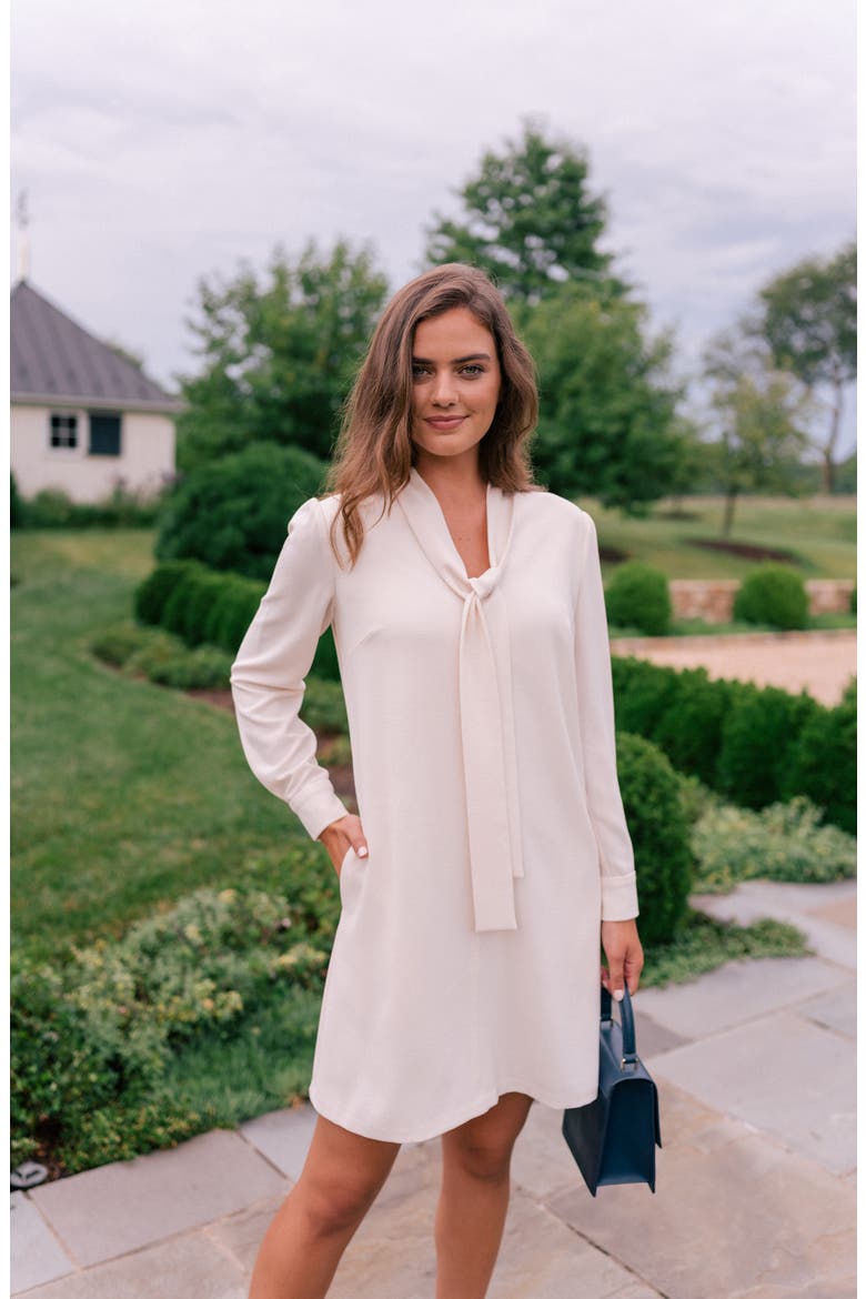 Ines Tie Neck Long Sleeve Shift Dress, Alternate, color, CREAM