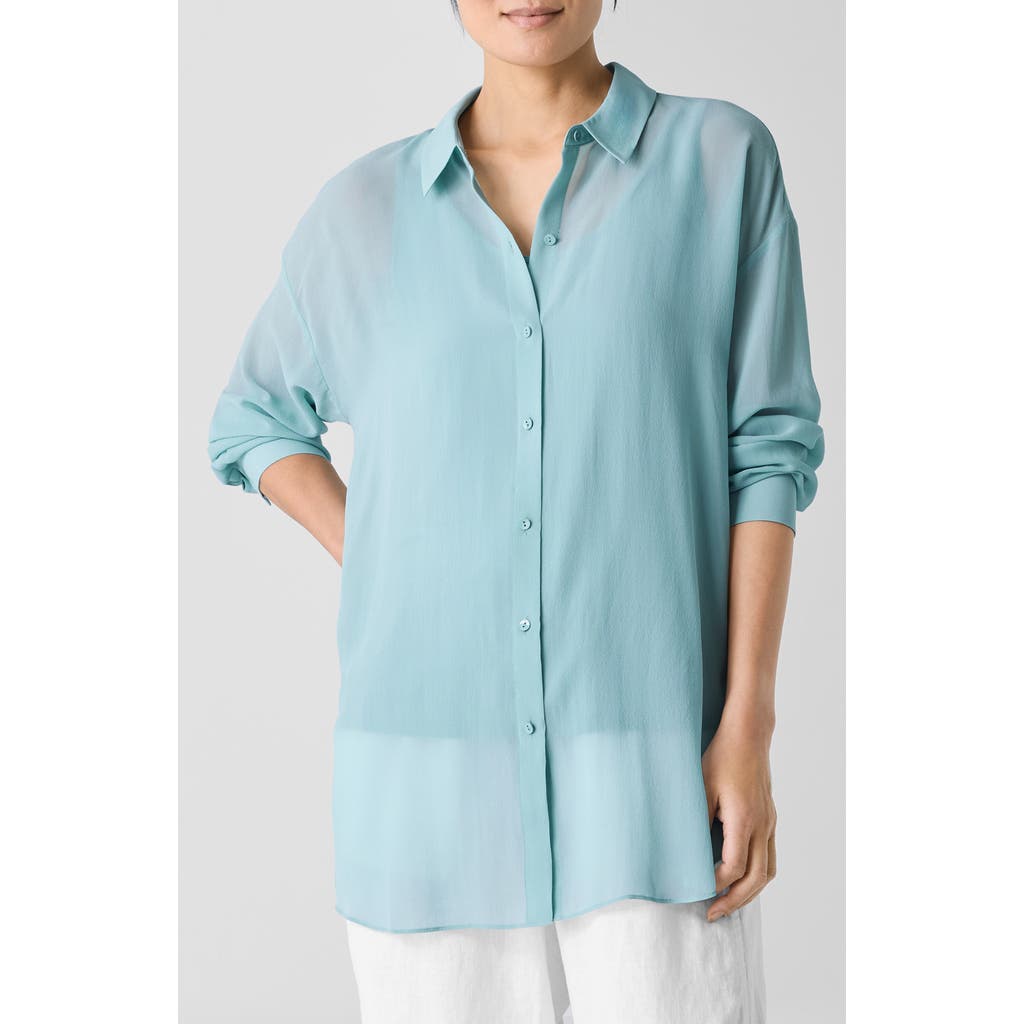 Eileen Fisher Classic Collar Long Silk Button-up Shirt In Green