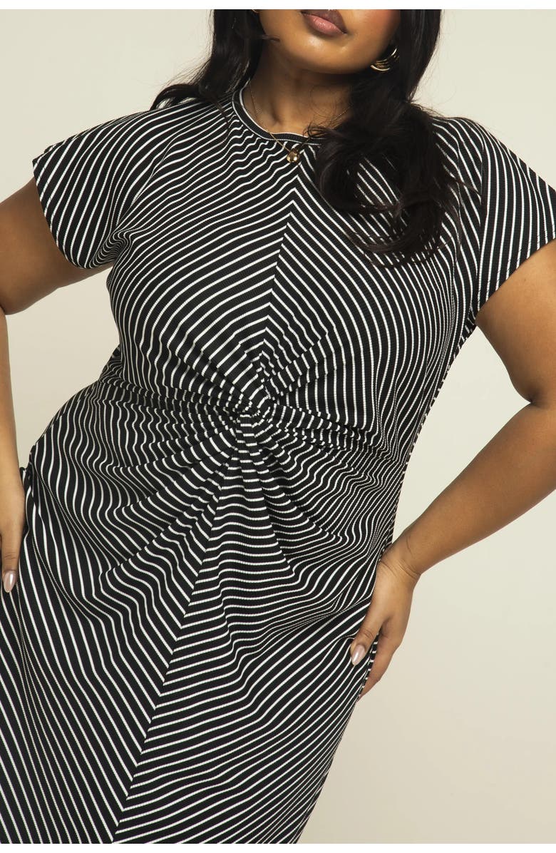 FASHION-SZN CURVE Cinched Striped Print Midi Dress, Alternate, color, Black