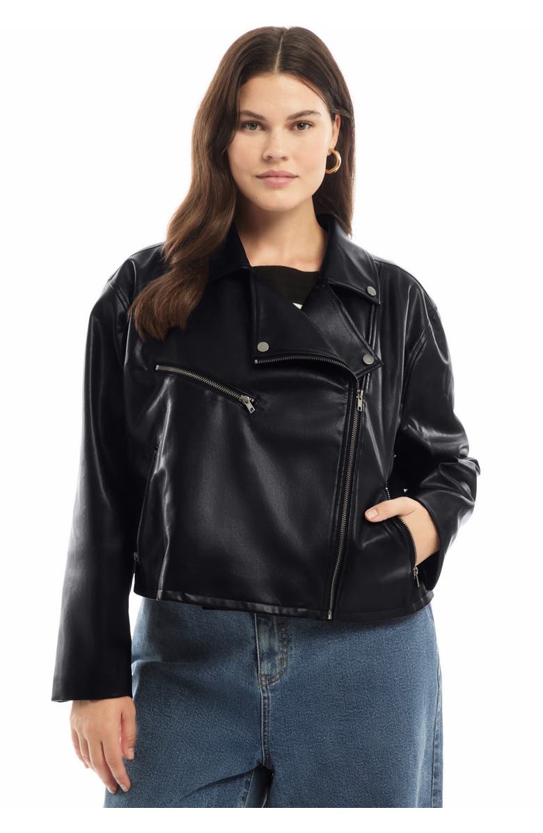 June + Vie Cropped Faux Leather Moto Jacket, Alternate, color, Black Onyx