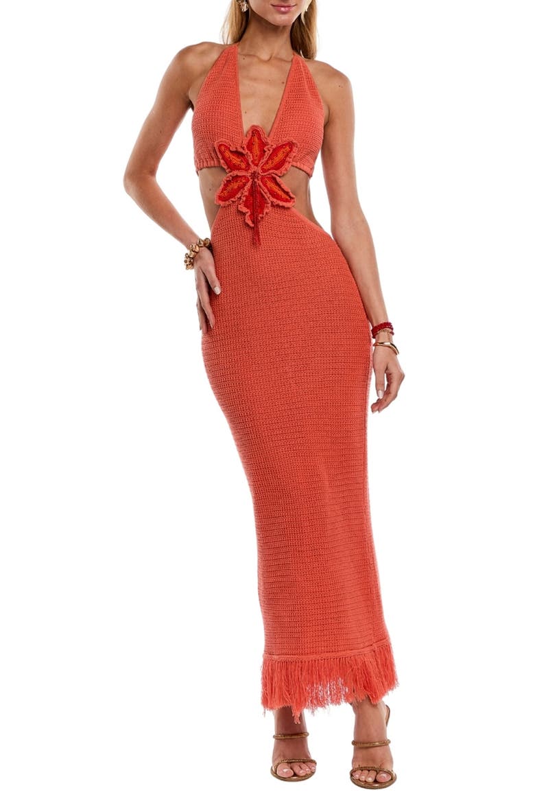 Starla Halter Open Back Fringe Hem Cotton Blend Cover-Up Dress, Main, color, PEACH