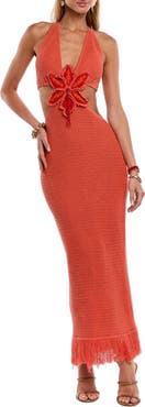Capittana Starla Halter Open Back Fringe Hem Cotton Blend Cover-Up Dress