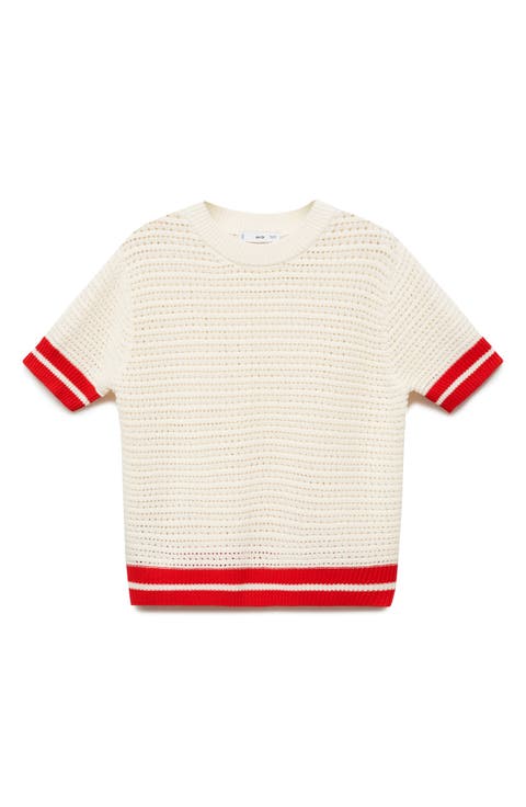 Stripe Trim Open Stitch Short Sleeve Sweater