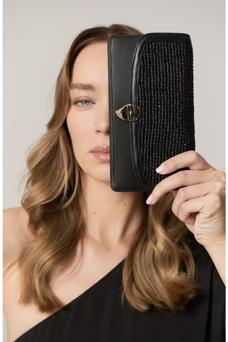 Adelia Raffia Trim Leather Wallet, Alternate, color, BLACK/ CHARCOAL