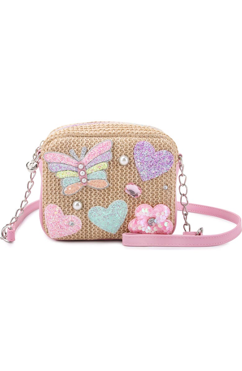 OMG Accessories Kids' Butterfly Appliqué Straw Crossbody Bag, Main, color, Natural