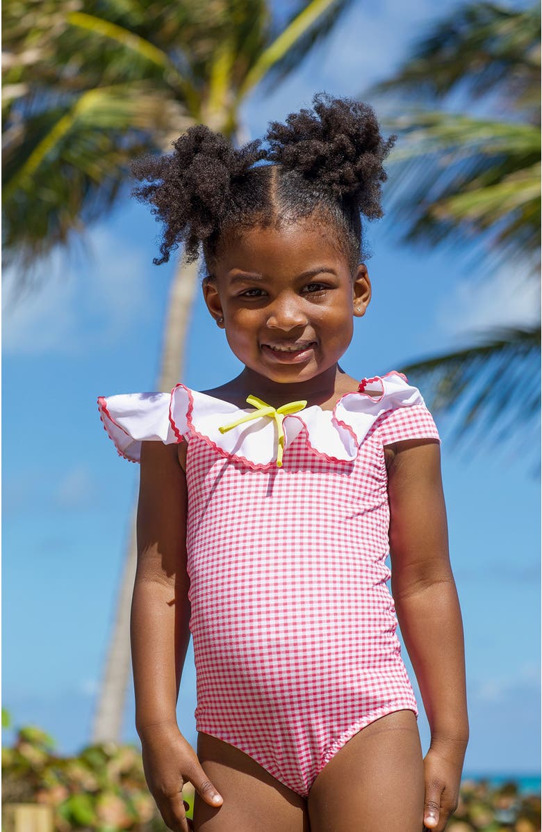 NESSI BYRD Off-Shoulder Gingham Ruffled with Bow One-Piece Swimsuit, Alternate, color, White-Red