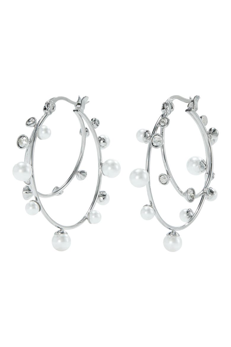 Crystal Double Hoop Earrings, Main, color, TORY SILVER / PEARL / CRYSTAL