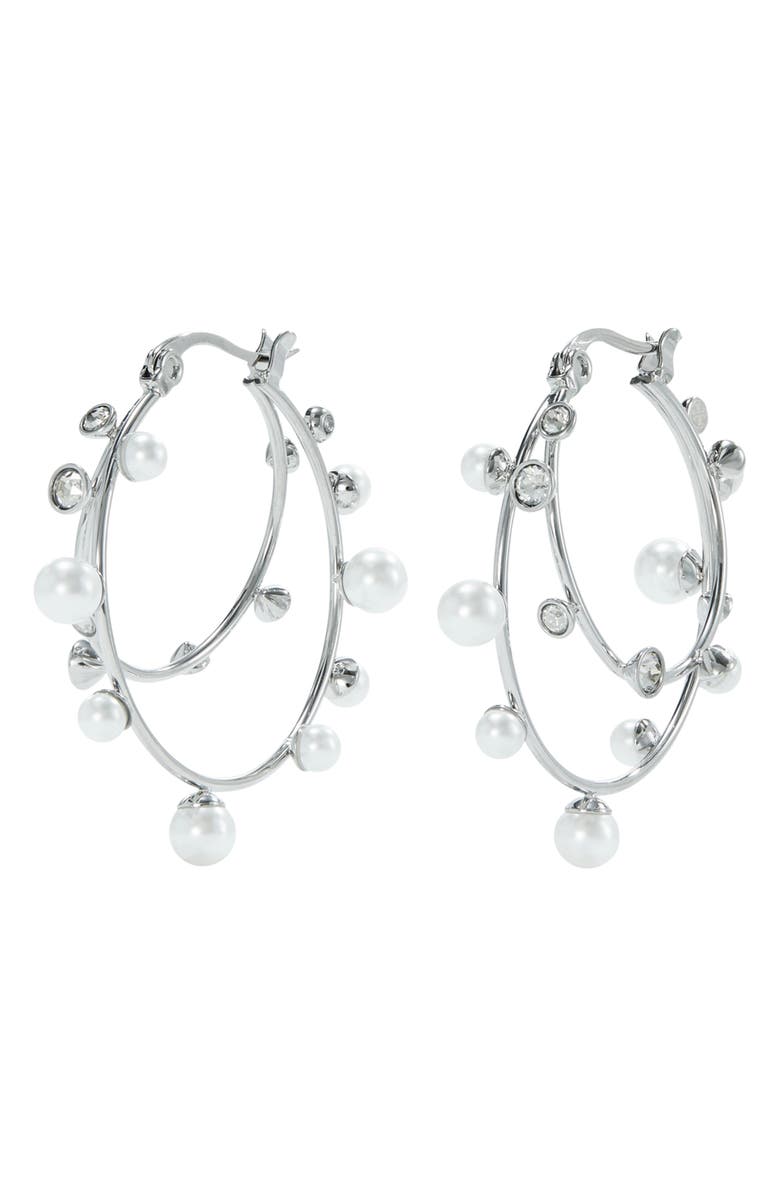 Tory Burch Crystal Double Hoop Earrings, Main, color, Tory Silver / Pearl / Crystal