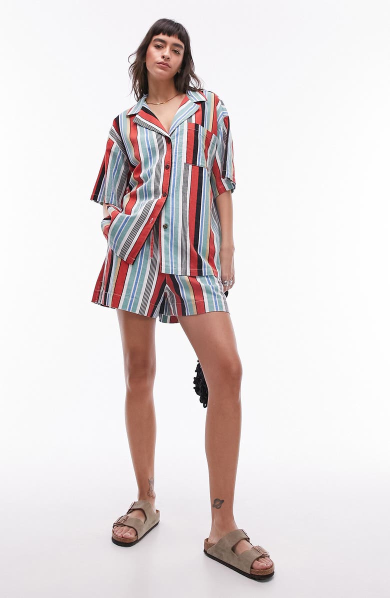 Topshop Stripe Oversize Linen Blend Button-Up Shirt, Alternate, color, Multi