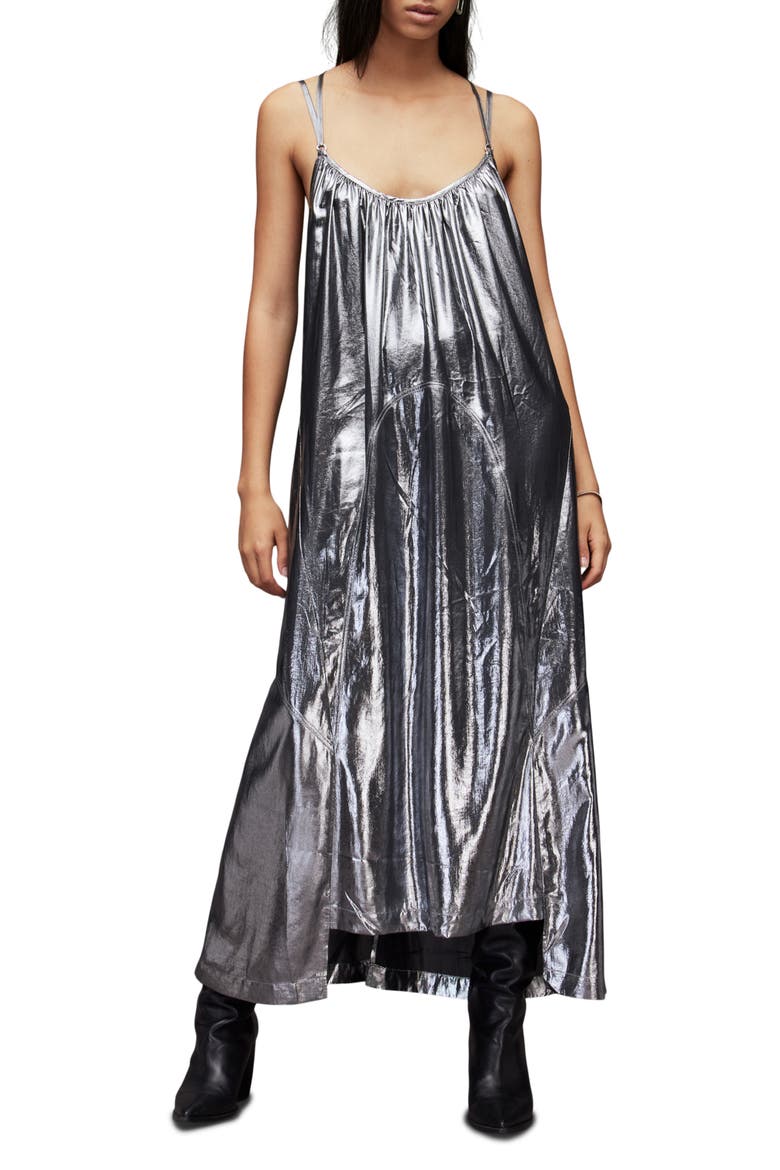 Areena Strappy Metallic Maxi Dress, Main, color, SILVER