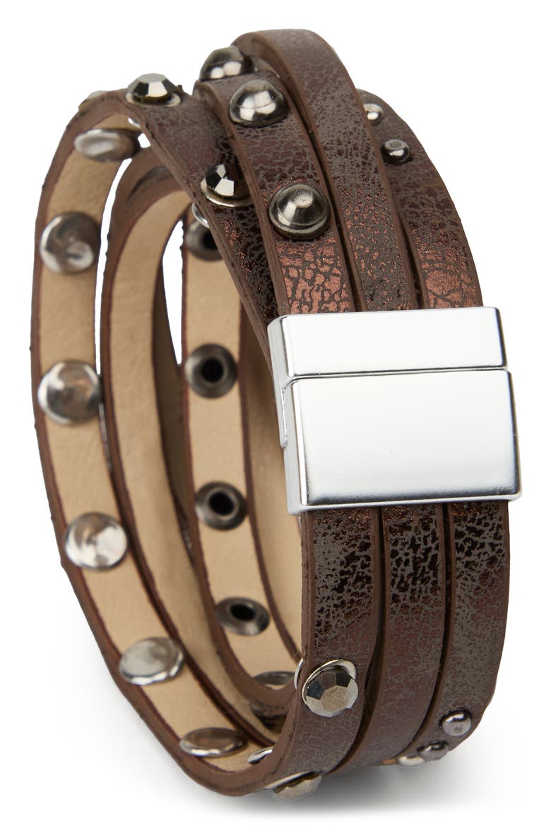 Studded Faux Leather Wrap Bracelet, Alternate, color, BROWN